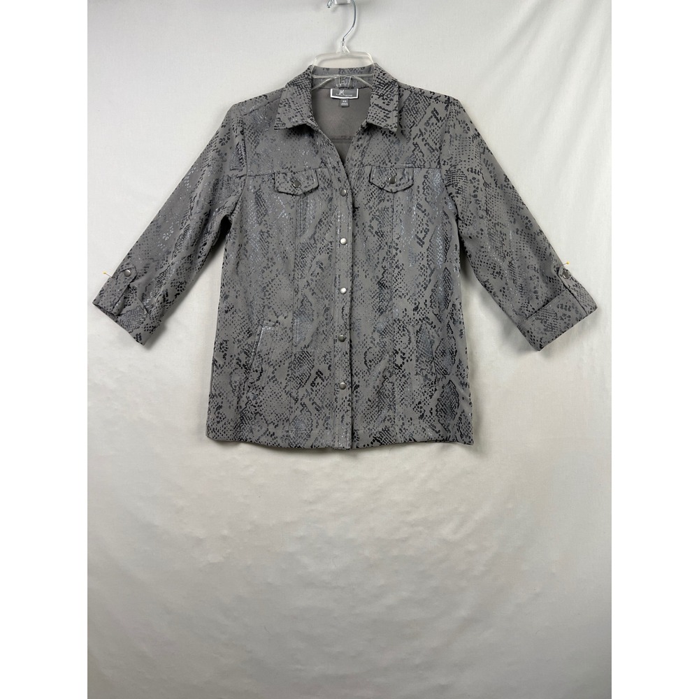 JM Collection Jacket Womens PS Grey Snakeskin Metallic 3/4 Sleeve Shacket Petite